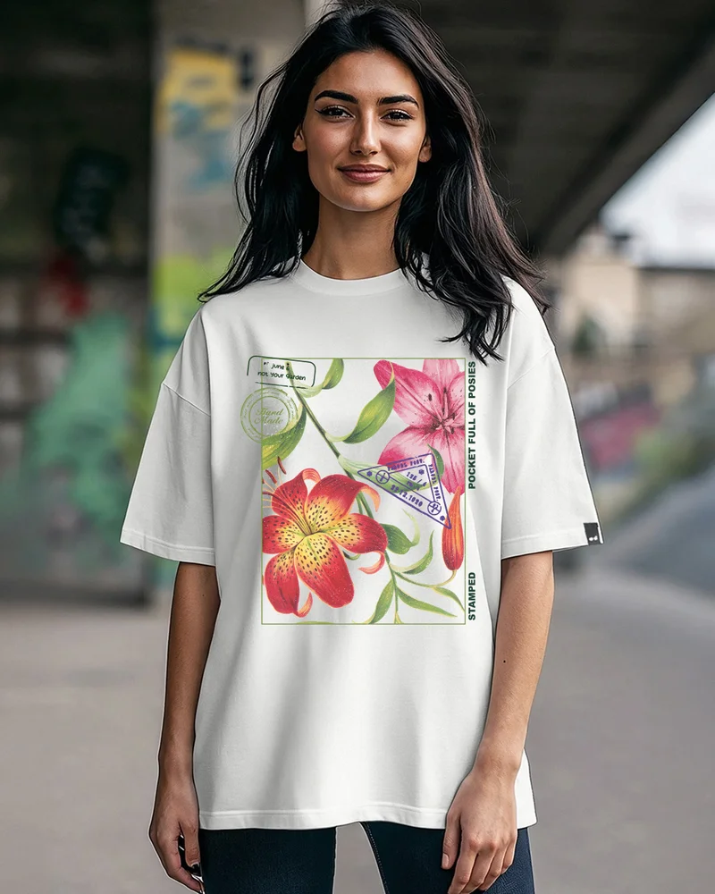 بيواكوف Women's White Stamped Graphic Printed Oversized T-shirt